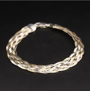 Sterling silver 7" herringbone chain‎ 7 mm braided tri color bracelet